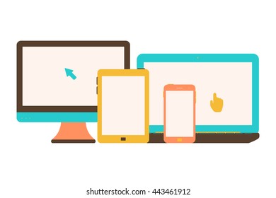 Vector Gadgets with blank screens. Vector Illustration of mobile phone, Laptop, Desktop and Tablet computer. Isolated on a White background.