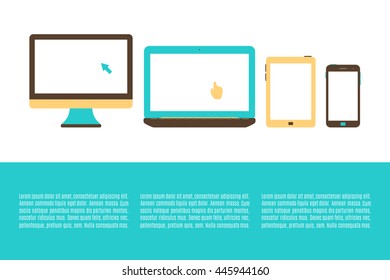 Vector Gadgets with blank screens. Vector Illustration of mobile phone, Laptop, Desktop and Tablet computer. Isolated on a White background. Device flat icons.
