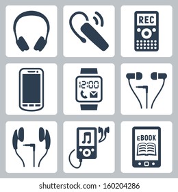 Vector gadgets icons set: headphones, wireless headset, dictaphone, smartphone, smart watch, MP3 player, ebook reader