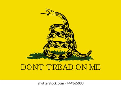Vector Gadsden flag depicting a rattlesnake coiled in the grass and the inscription Don't Tread On Me