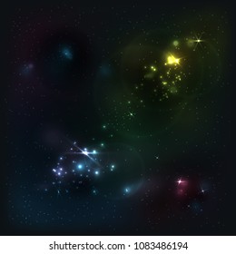 Vector galaxy. Beautiful abstract shining stars background. Bright night sky. Creative cosmic space illustration.