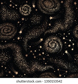 Vector galaxy black seamless pattern with gold nebula, constellations and stars. Golden space background