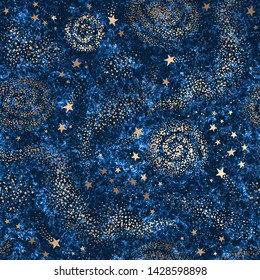 Vector galaxy dark blue textured seamless pattern with gold nebula, constellations and stars. Golden space background 