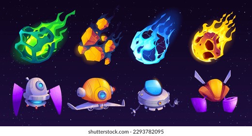 Vektorgalaxie fällt Asteroiden und außerirdische Raumschiff-Cartoon auf Weltraum-Hintergrund mit Stern und Planeten. Meteorite- und Comet-Booster-Tailsymbolgrafik und fantastische Kollektion von Clipart-Clipart-Clipart