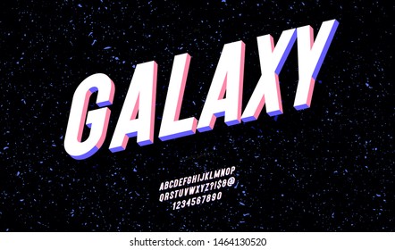 Vector galaxy font 3d 大胆风格时尚排版，适用于派对海报、织物、T 恤、促销、装饰、邮票、标签、特价印刷。现代字母表。矢量 10 eps