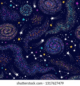 Vector galaxy seamless pattern with colorful nebula, constellations and stars. Deep violet space background