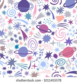 Vector galaxy seamless pattern with planet, star. Universe cosmic set. Space