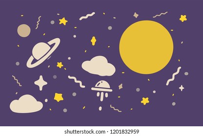 Vector Galaxy ,Space ,Star ,Cloud ,UFO ,Moon On Background Color  Purple