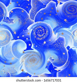 Vector galaxy swirl watercolor textured seamless pattern with gold nebula, constellations and stars. Golden and blue space background 