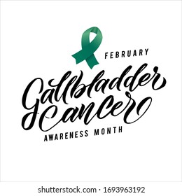 Vector Gallbladder Cancer Awareness Calligraphy Poster Design. Stroke Green Ribbon. February is Cancer Awareness Month.