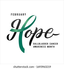 Vector Gallbladder Cancer Awareness Calligraphy Poster Design. Stroke Green Ribbon. February is Cancer Awareness Month.