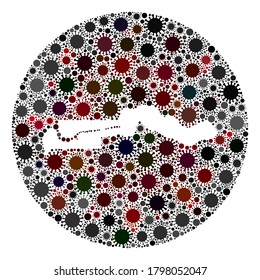 Vektorgrafik der Gambia-Karte mit dem Covid-2019-Virus. Eine Infektion greift das Sperrgebiet vom Weltraum aus an. Stencils umkreisen die Gambia Karte Collage gebildet mit Infektionselementen.
