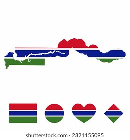 Vector of Gambia map flag with flag set isolated on white background. Collection of flag icons with square, circle, love, heart, and rectangle shapes.