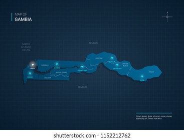Vector Gambia map illustration with blue neon lightpoints - triangle on dark blue gradient background. Administrative divisions, cities, borders, capital. Neon tech background with glow. 