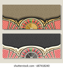 Vector gamble banners for Casino: 2 layouts invitation with roulette wheel for gambling game, red back of playing card, template flyer with grey rays of light background for title text on casino theme