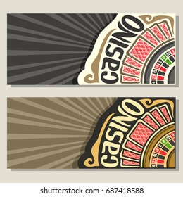 Vector gamble banners for Casino: 2 layouts invitation with roulette wheel for gambling game, red back of playing card, template flyer with grey rays of light background for title text on casino theme