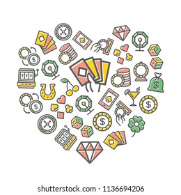 Vector gambling and casino thin line icons in heart shape design concept. Illustration for presentations on white background