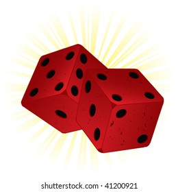 Vector gambling illustration with two red vintage dice on shiny background.