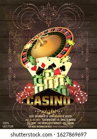 Vector gambling roulette, cards, money, chips, Vegas and Texas royal poker game gamble on wooden background.