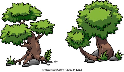 vector game assets, set of various trees in cartoon style, for mobile games, stickers