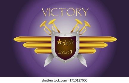 Vector game award. Shield with sword, musical tube and metal wings. Cartoon colorful style. Game level achievement in stars. Game interface design