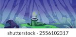 Vector game background with carnivorous flower monster in the night misty forest. Sharp teeth and a death trap against the background of trees and swamps.