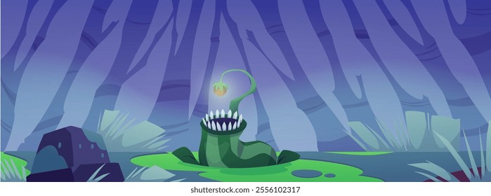 Vector game background with carnivorous flower monster in the night misty forest. Sharp teeth and a death trap against the background of trees and swamps.