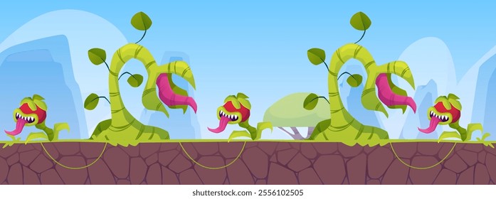 Vector game background with creepy flower monsters on a stone wall. Sharp teeth, long tongues and an intimidating smile against the background of mountains and sky