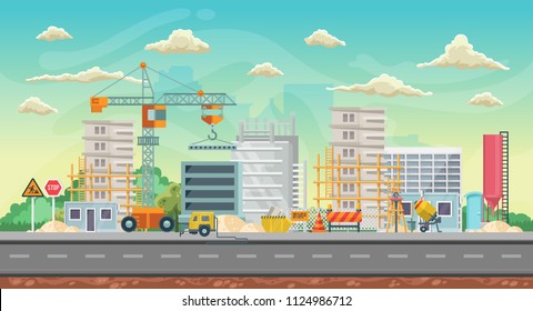 Vector game background. Landscape orientation. Panorama with construction