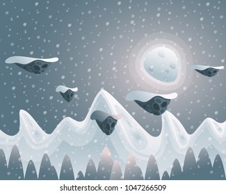 Vector game background. Seamless cartoon landscapes with flying islands. Image for video, web, game, user interface.