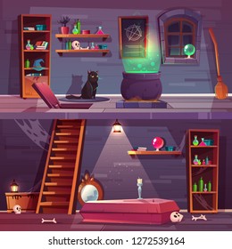 Vector game background of witch house with cellar. Basement with hatch, coffin and bones in vault. Stuff for magic and black cat. Shelves with potions, big cauldron. The backdrop for the quest.