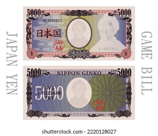 Vector game banknote of Japan with a face value of five thousand yen. Vintage patterns, frame and coat of arms with watermarks. Japanese characters mean Japan state