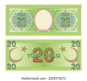 Vector game banknotes of Turkey. In Turkish, it means twenty Turkish lira and Mustafa Kemal Ataturk.  Obverse and reverse. The nominal value is 20