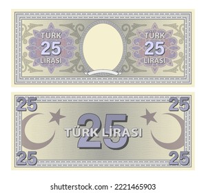 Vektorspielbanknoten der Türkei. Im Türkischen bedeutet es fünfundzwanzig türkische Lira.  Verstreut und umgekehrt. Der Nennwert beträgt 25
