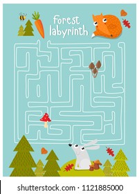 Vector game for children with a labyrinth.  forest labyrinth. Forest animals. hare, fox. cartoon animals.
