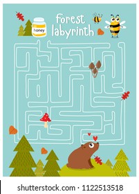 Vector game for children with a labyrinth.  forest labyrinth. Forest animal. cartoon bear and bee. Bear finding honey.
