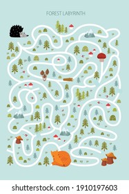 Vector game for children with a labyrinth.  forest labyrinth. Forest animals.hedgehog, fox. cartoon animals.
