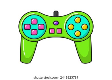 Vector game controller gamepad icon. Green joystick element flat style isolated on white background. Retro gamer device.