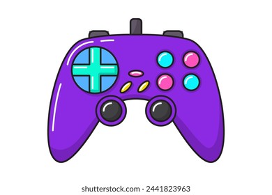 Vector game controller gamepad icon. Violet joystick element flat style isolated on white background. Retro gamer device