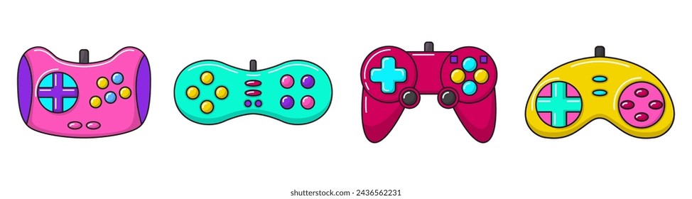 Vector game controller gamepad icons set. Multicolored joysticks elements flat style isolated on white background. Retro gamer device collection