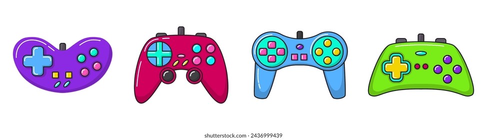 Vector game controller gamepad icons set. Multicolored joysticks elements flat style isolated on white background. Retro gamer device collection