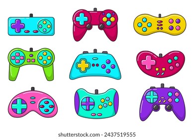 Vector game controller gamepad icons set. Multicolored joysticks elements flat style isolated on white background. Retro gamer device collection