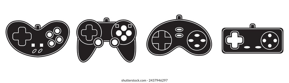 Vector game controller gamepad icons set. Black shapes joysticks elements flat style on white background. Gamer device collection