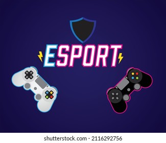 A vector of game controller with neon light, ESport word, shield and thunder. E sports and gaming concept