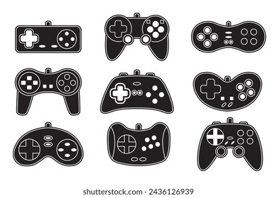 Vector game controller game pass icons set. Black shapes joysticks elements flat style on white background. Gamer device collection.