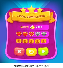 Vector game design interface - scree window for online, flash, app game (button, icons, resources). Vector UI illustration