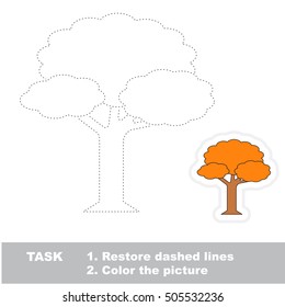 Vector game to educate preschool children, training handwriting, the page to be traced for gaming and education with easy educational kid game level, the tracing worksheet for Autumn Tree.