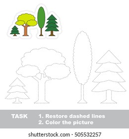 Vector game to educate preschool children, training handwriting, the page to be traced for gaming and education with easy educational kid game level, the tracing worksheet for Forest Trees.
