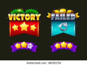 Vector game element.Victory Failed object design.Collection icon design for game, ui, banner, design for app, interface, game development,playing cards, slots and roulette.Game rating icons with stars