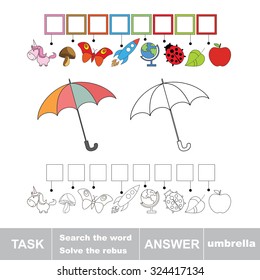 Vector game. Find hidden word umbrella. Search the word.